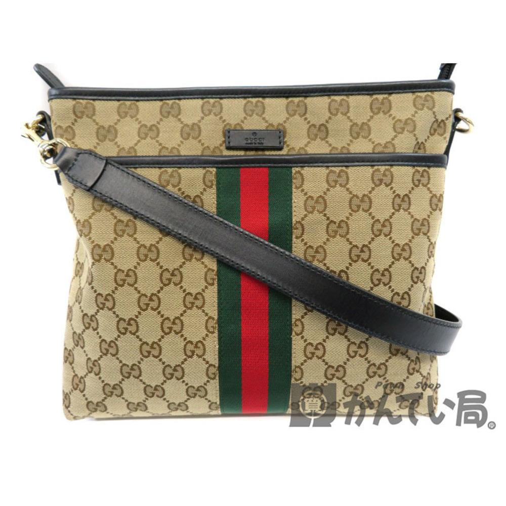 GUCCI Shoulder Bag Canvas Crossbody Web Stripe Beige
